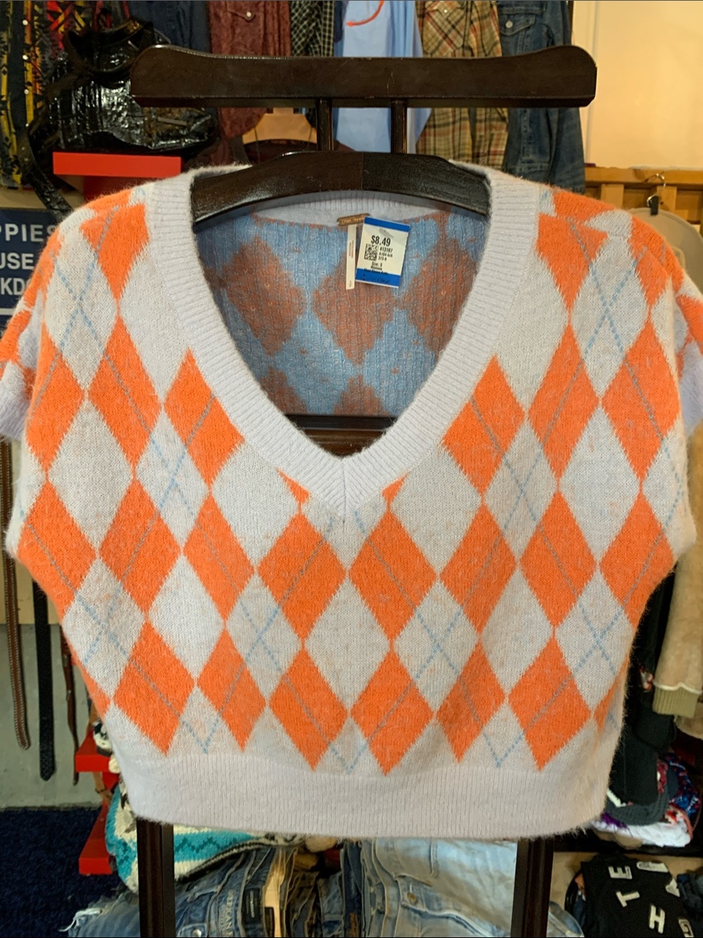 Argyle V-Neck Cropped Sweater Vest in Light Blue and Orange